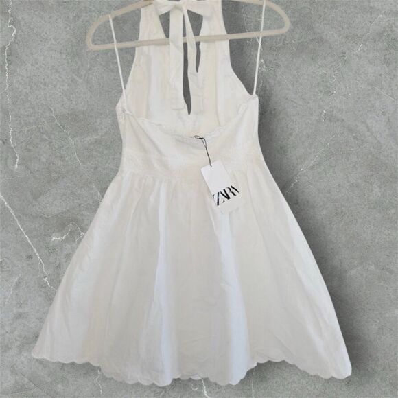 Zara NWT Cotton Eyelet Embroidered V-Neck  Mini Halter Dress Lined Size M - Picture 5 of 14